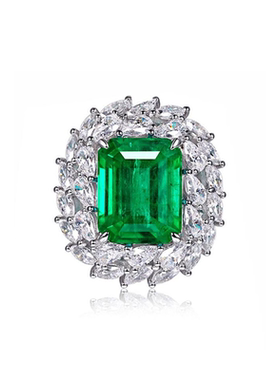 AILEQ 925银戒指轻奢祖绿色大富婆高档戒指女镶高碳满钻合成宝石