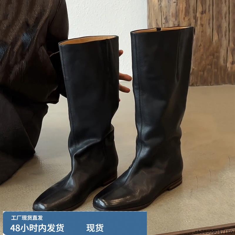 牛皮版~个性时髦小众row风骑士靴女覆古风方头粗腿显瘦平底骑士靴