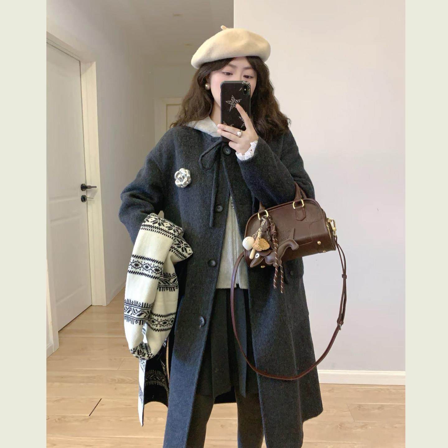 韩系灰色蝴蝶结系带领毛呢外套女冬季韩系学院风中长款呢子大衣,运动/瑜伽/健身/球迷用品,广场舞套装,淘宝优惠券,粉丝福利购,淘宝优惠卷