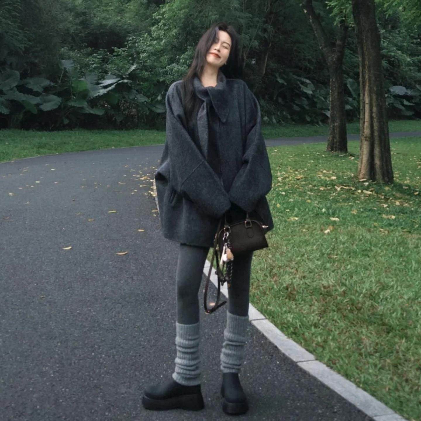 复古深灰色系带领毛呢外套女秋冬季慵懒风休闲百搭中长款呢子大衣,运动/瑜伽/健身/球迷用品,广场舞套装,淘宝优惠券,粉丝福利购,淘宝优惠卷