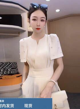 高级感连体裤薄款女夏2025年气质高端短袖镶钻垂感连衣阔腿裤套装