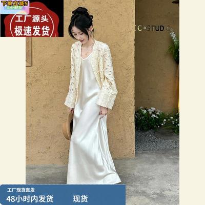 春季重要场合名媛气质轻奢高级感高端精致白色醋酸缎面连衣裙套装