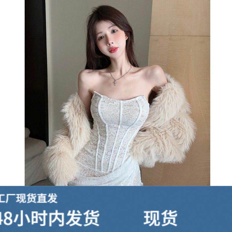 性感蕾丝鱼骨一字肩抹胸洋装女秋冬季内搭辣妹不规则飘带包臀裙,女士内衣/男士内衣/家居服,睡衣上装,淘宝优惠券,粉丝福利购,淘宝优惠卷