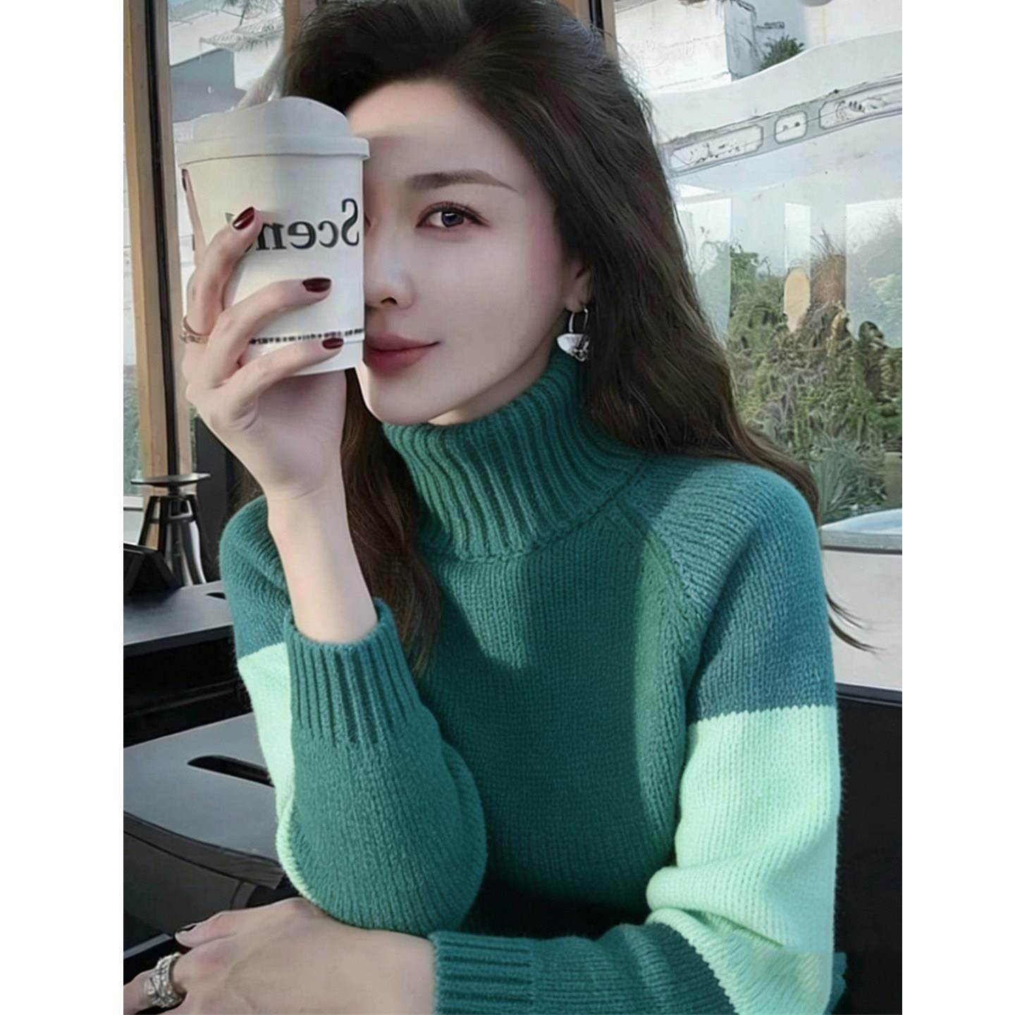 复古优雅绝美蓝绿色高领长袖毛衣针织衫女秋冬款百搭宽松套头上衣,女装/女士精品,羊绒衫,淘宝优惠券,粉丝福利购,淘宝优惠卷