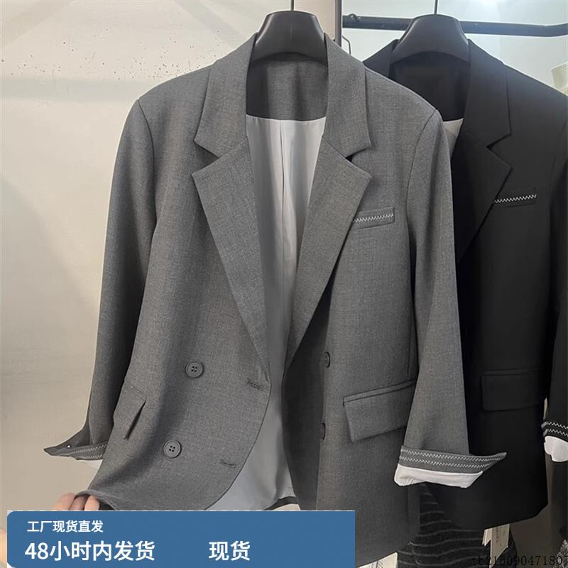 韩版经典时尚双排扣灰色西装女2025春季新款气质高端宽松休闲外套