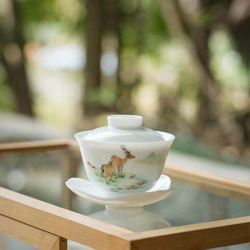 凌胜白盖碗三才碗复古简约陶瓷白瓷防烫泡茶碗带盖釉下彩茶具盖碗