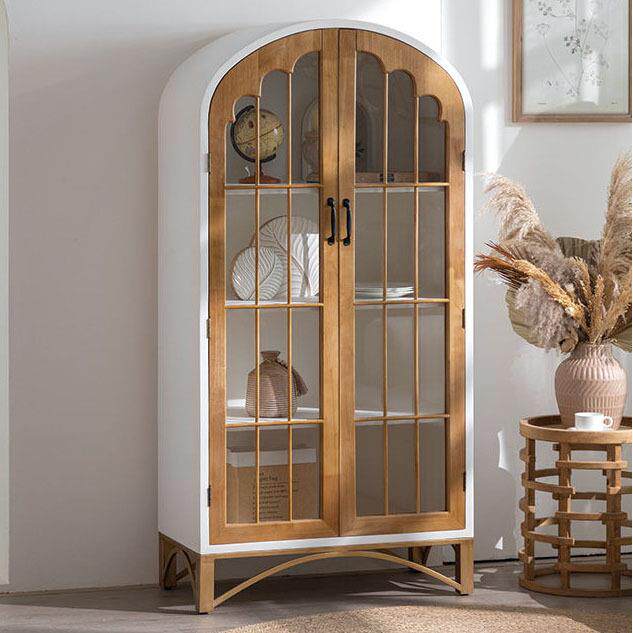 美式实木两门书柜落地拱形玻璃门家用客厅酒柜靠墙立柜法式展示柜