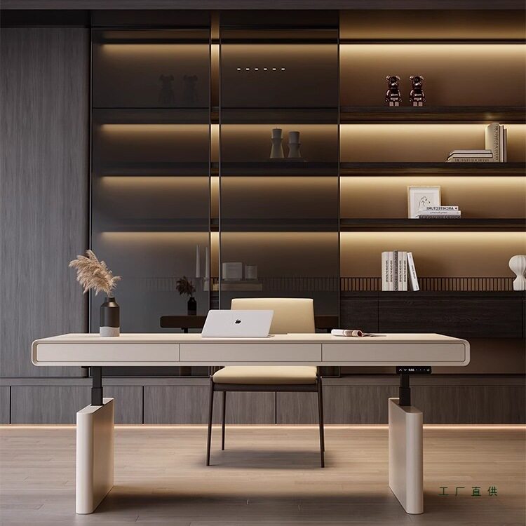 奶油风现代简约升降书桌电动智能客厅轻奢家用双人电脑办公工作台