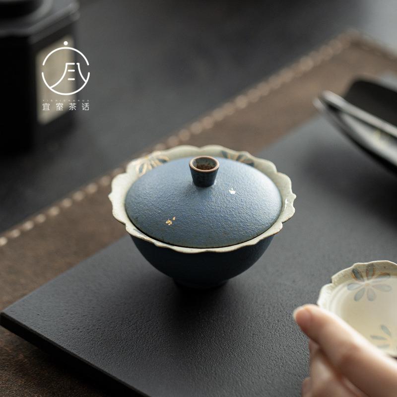 宜室茶话手绘小雏菊陶瓷蓝色二才盖碗泡茶碗茶杯单个高档女士盖碗