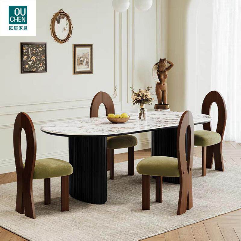 中古风岩板餐桌北欧实木法式椭圆家用设计师酒店样板房餐桌意式