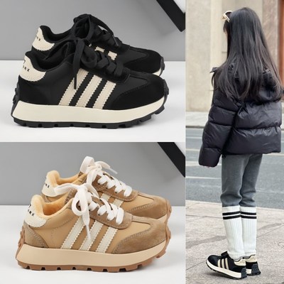 女童运动鞋二棉加绒鞋2025春季新款软底儿童老爹鞋男童真皮德训鞋