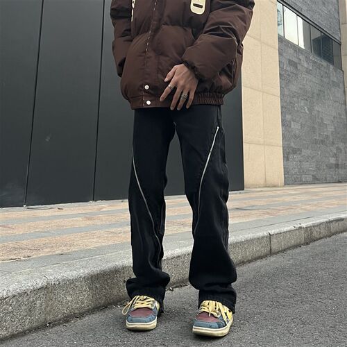 美式高街拉链设i计感牛仔裤男街头宽松直筒水洗复古hiphop修身长