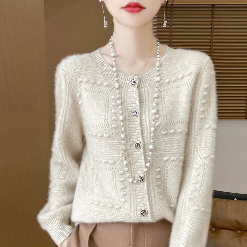 重工钩花100i%羊绒开衫女圆领提花针织毛衣外套宽松羊毛衫外搭上