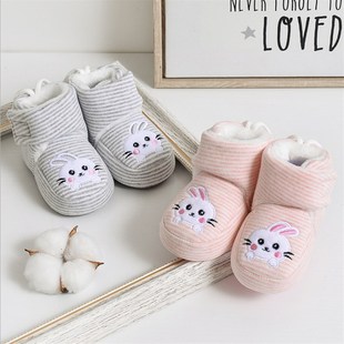 加绒不掉跟软底保暖防掉新生婴儿鞋 牛宝宝不掉棉鞋 12个月冬季