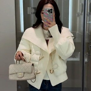 羽绒棉服女款冬季新n款爆款针织拼接大翻领外套短款小个子百搭棉