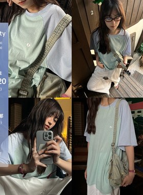 POXFFEE/美式复古撞色插袖T恤女夏季宽松显瘦休闲短袖打底衫上衣