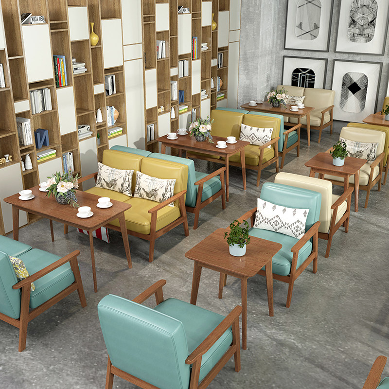 实木休闲咖啡厅桌椅休息区洽谈卡座简约蛋糕奶茶店双人沙发组合