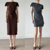 法式 设计感褶皱收腰显瘦裙子潮 女夏季 休闲短袖 t恤连衣裙2025新款