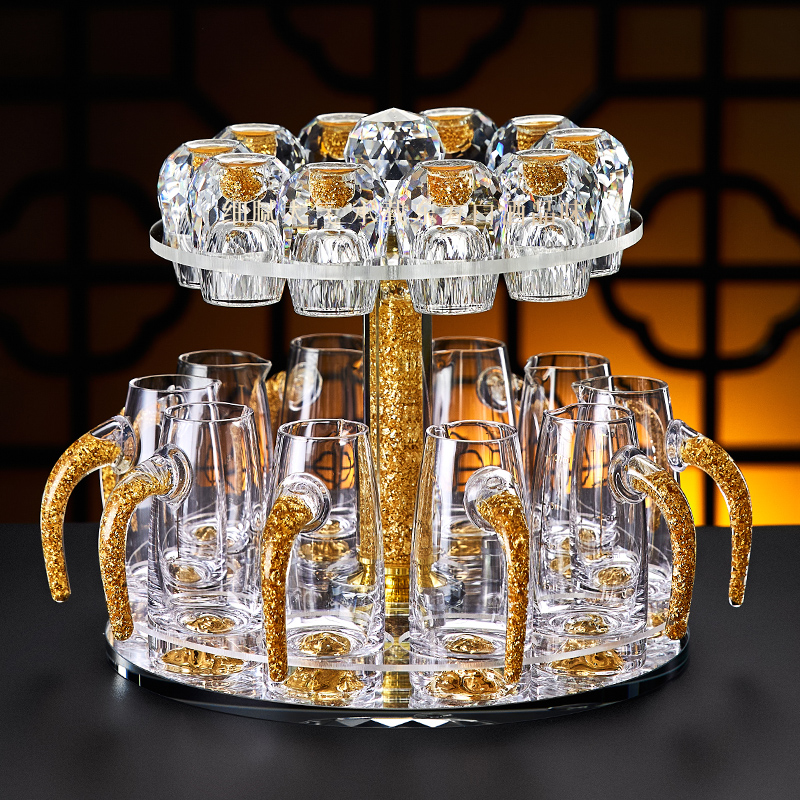 中式金箔水晶白酒杯套装家用玻璃小号一口杯子刻度带把分酒器酒盅