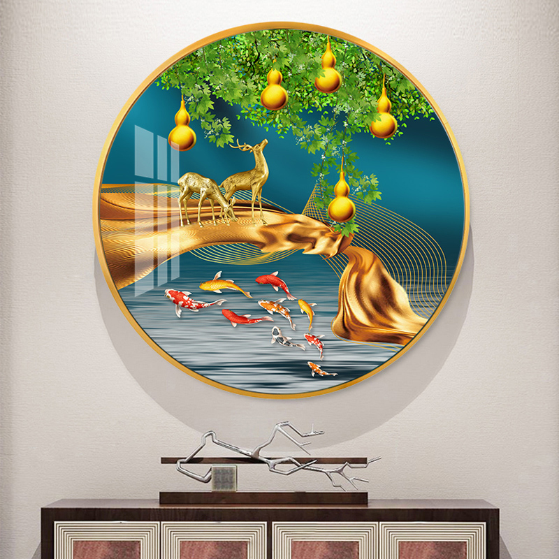 五福临门新中式客厅装饰画走廊尽头玄关圆形画餐厅背景墙葫芦挂画