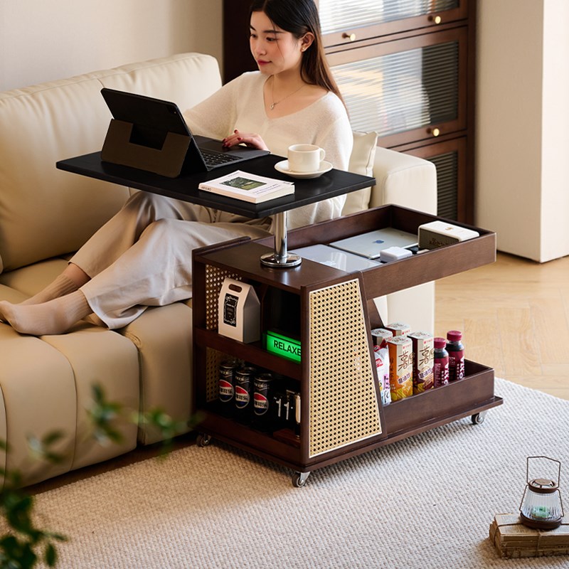 实木可移动边几小推车客厅沙发边桌边柜阳台多功能黑色可升降茶几