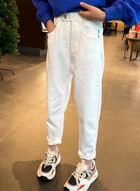 2023春夏儿童白色休闲裤宽松长裤女F童牛仔裤时尚哈伦裤韩版长裤