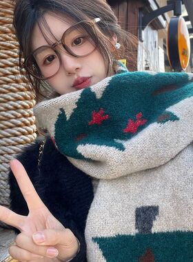 圣诞节日礼物绿色圣诞树针织围巾女冬季保暖百搭学生Y情侣毛线围
