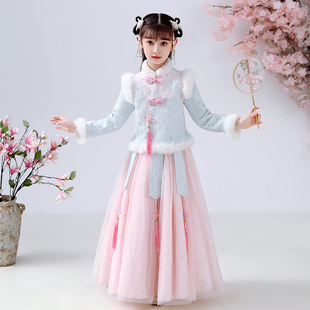 女童汉服冬季连衣裙加绒秋冬裙子洋气公主裙冬款儿童2021新款冬装