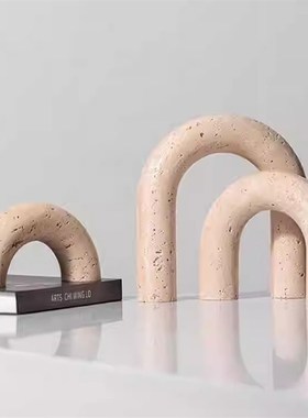 侘寂风几何大理石拱门摆件样板间软装饰柜高级感拱形黄洞石工艺品