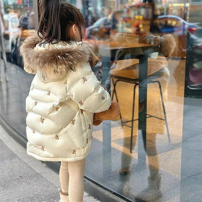 女童刺绣羽绒棉服中长版洋派冬季大毛领加厚儿童冬装外套2023新款