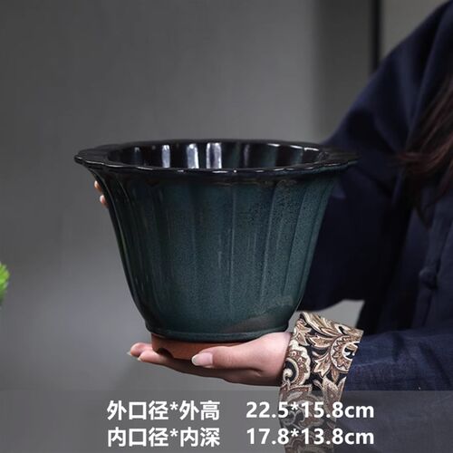 紫砂花盆陶瓷盆景盆桌面手工盆栽兰D花盆海鼠釉均釉花釉兰盆斗笠