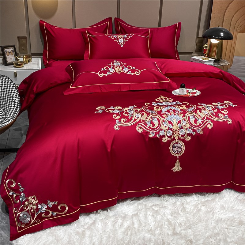 高级感婚庆四件套红色喜庆被套婚嫁陪嫁喜被纯棉结婚高端床上用品