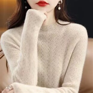 秋冬新款100纯羊绒衫女半高x领提花宽松套头毛衣羊毛打底针织上衣