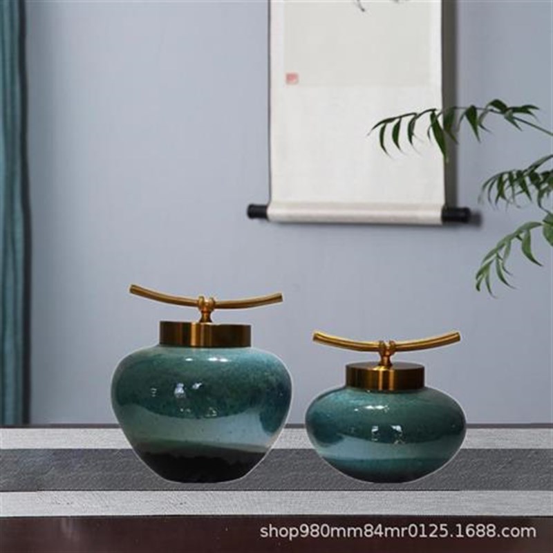 新中式陶瓷罐客厅玄关电视酒柜装饰摆件样板间软装铜Y配件工艺品