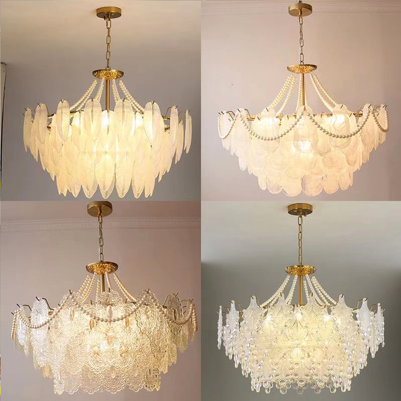 客厅灯法式艺术珍珠装饰羽毛玻璃灯简约现代浪漫轻奢卧室餐厅吊灯