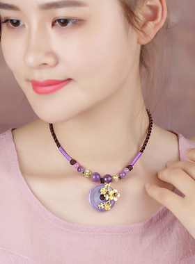 复古紫水晶项链挂饰脖颈饰品女短款小清新锁骨链颈带民族风颈链秋