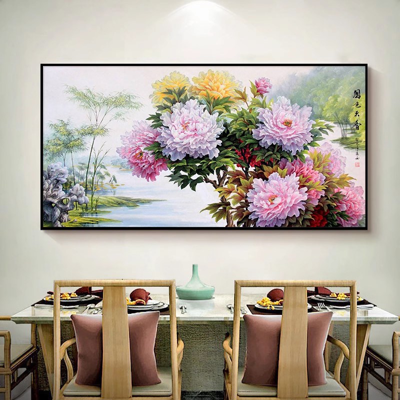 新中式手绘油画j牡丹花花开富贵客厅餐厅装饰画沙发背景墙书房挂图片