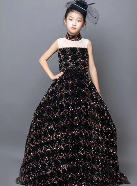 儿童礼服公主裙高端女童模特走秀t台主持人黑色高U级感钢琴演出服