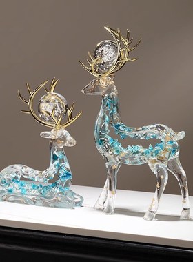 水晶招财鹿摆件一对轻奢高u档创意家居客厅酒柜电视柜办公室装饰