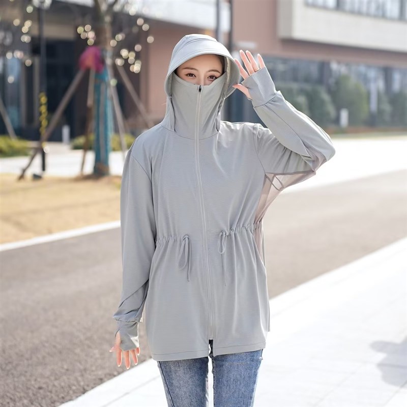 胖mm夏装防晒i衣200斤大码收腰可拆帽檐防晒服女透气网纱薄外套
