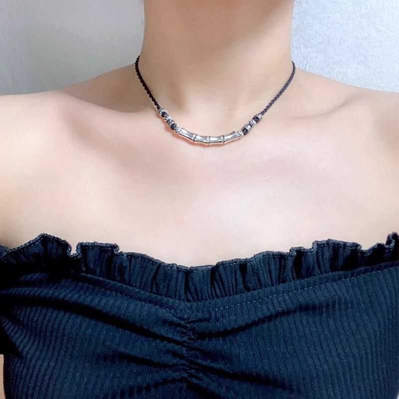 甲状腺术后遮挡疤痕项链竹节弯管锁骨链女可调节编织黑绳款颈链