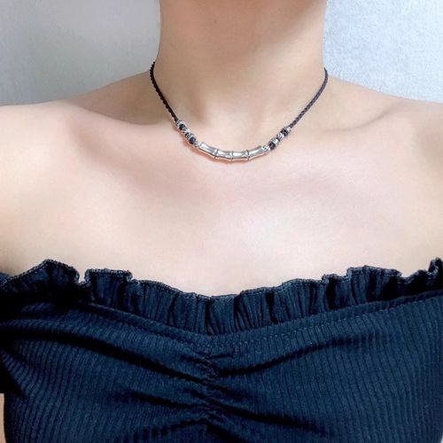甲状腺术后遮挡疤痕项链竹节弯管锁骨链女可调节编织黑绳款颈链