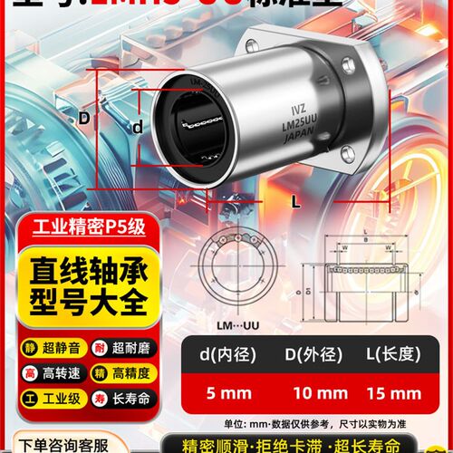 进口加长切边法兰直线轴承LMH6 8 10 12 13 16 20 25 30 35 40LUU