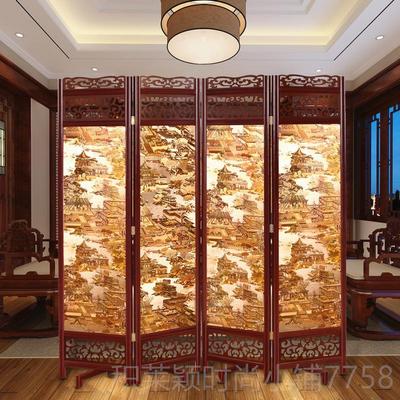 正品金箔中屏式实木明屏风隔办公室客厅断酒店清上河图移动折叠风