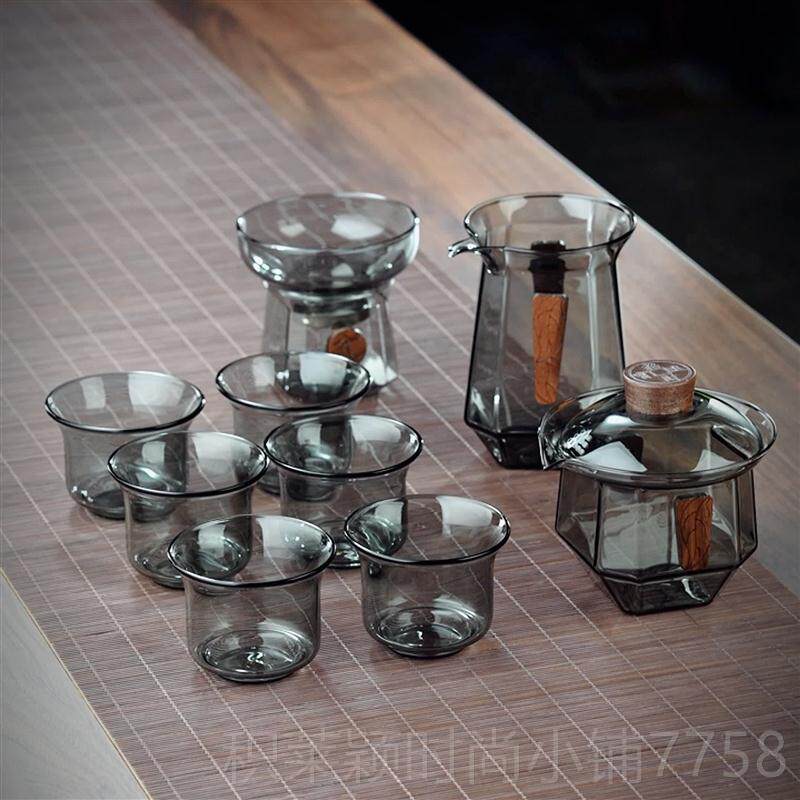 正品璃轻堂方透黑盖碗公杯茶漏茶杯套装花奢玻璃茶具手工耐热茶八