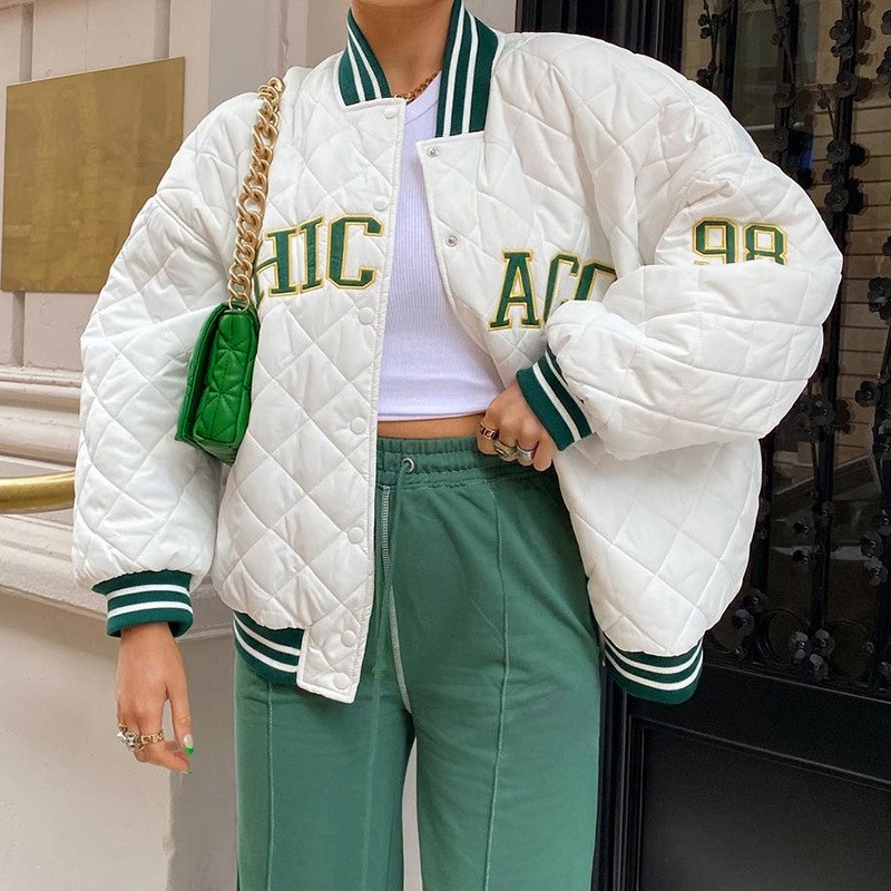欧美秋冬款菱形格字母绣花棉服夹克外套 women coat jacket 2021