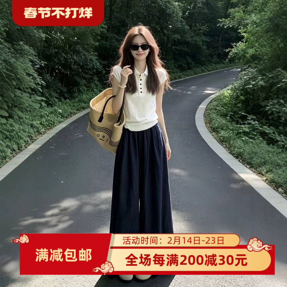 韩系巨好看休闲穿搭一整套2026新款白色polo短袖女夏季阔腿裤套装