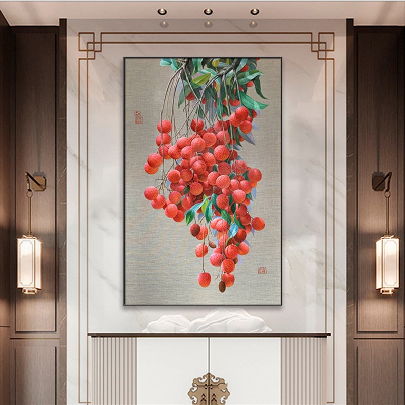 新中式入户玄关挂画纯手绘油画餐厅装饰画K水果静物荔枝硕果累累图片