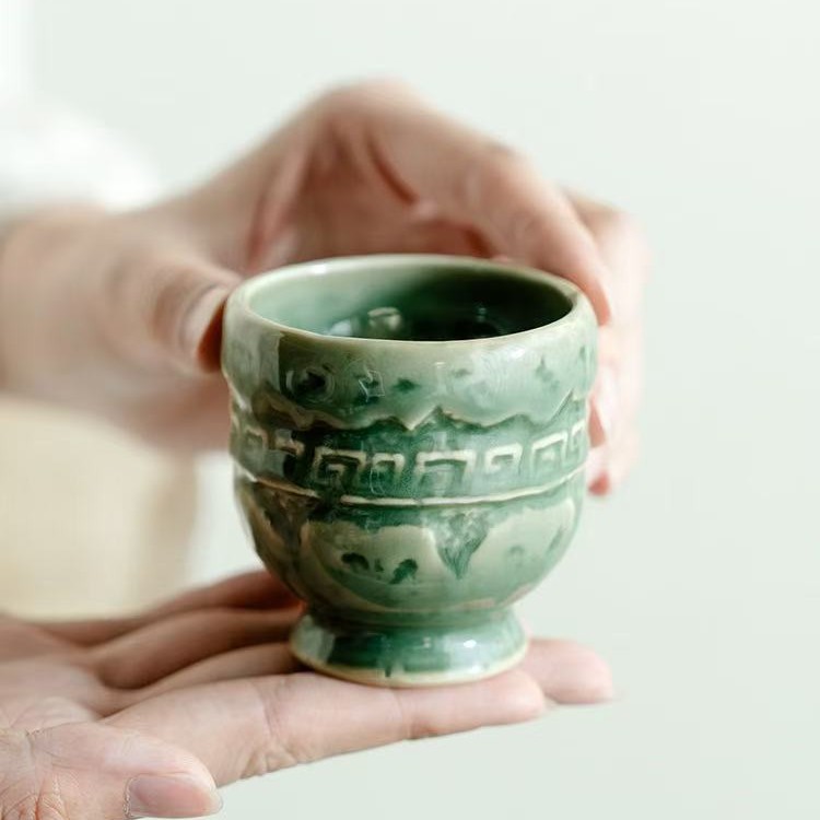 高档越窑青瓷高足杯主人杯茶杯家用陶瓷喝茶品茗杯新中式茶具