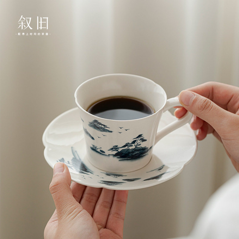叙旧 复古水墨山水咖啡杯碟中古下午茶陶瓷餐具拿铁拉花杯甜品碟